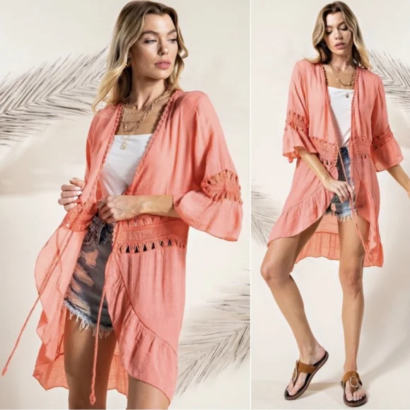 Last ONE! Stunning Kimono in a Beautiful Coral w/Gorgeous Lace Crochet Detail - Picture 1 of 6